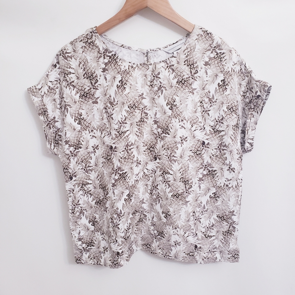 Christopher & Banks Linen Blend Tropical Pineapple Print Short Sleeve Top, Sz S